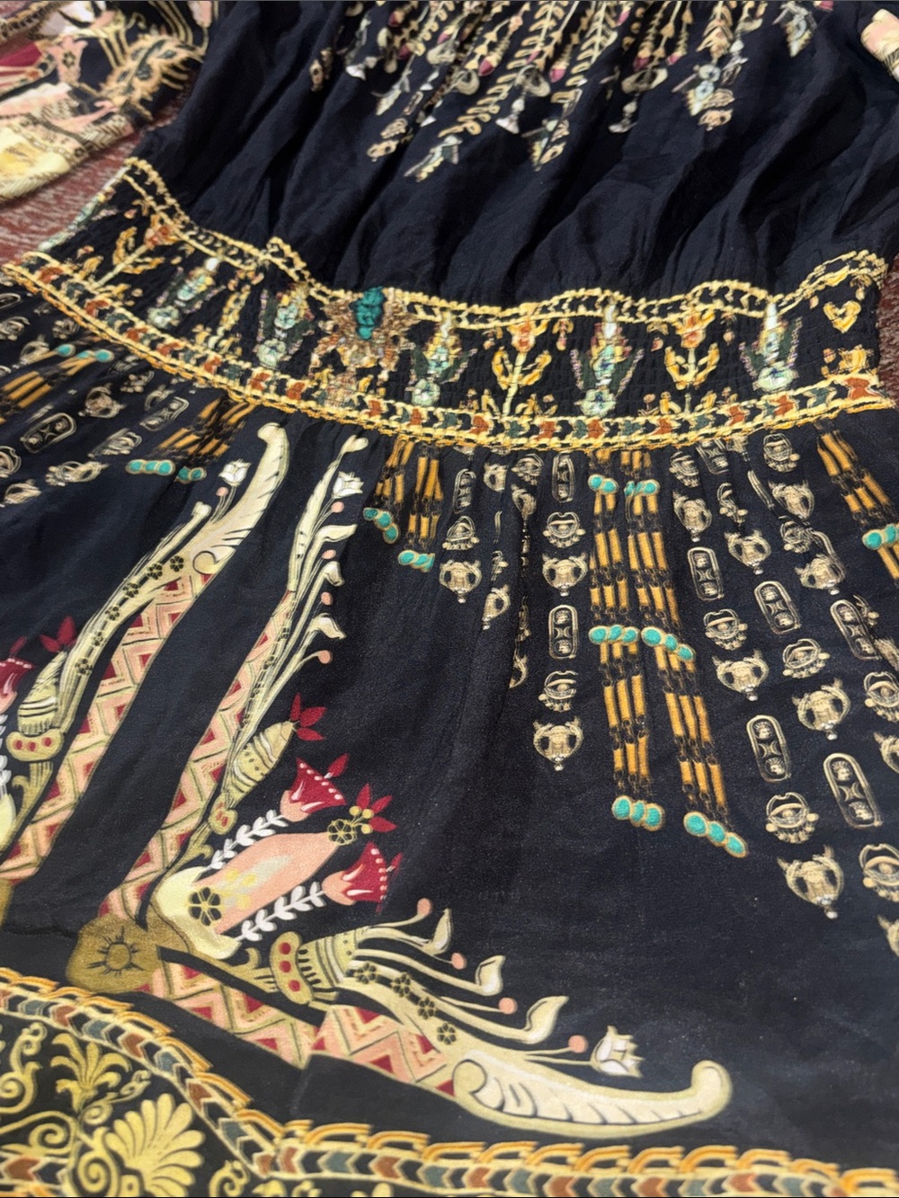 Camilla off the shoulder printed silk crepe de chine mini dress smocked gemstone - Picture 9 of 16